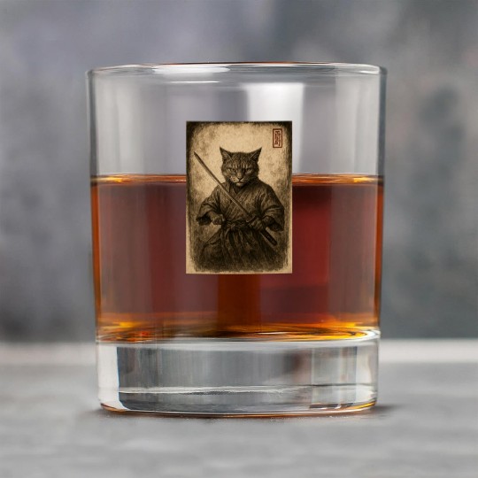 Samurai Cat in Vintage Style Rock Glasses