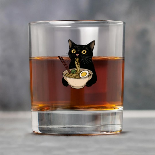 Black Cat Eating Ramen Noodles, Cute Japanese Food Rock Glasses