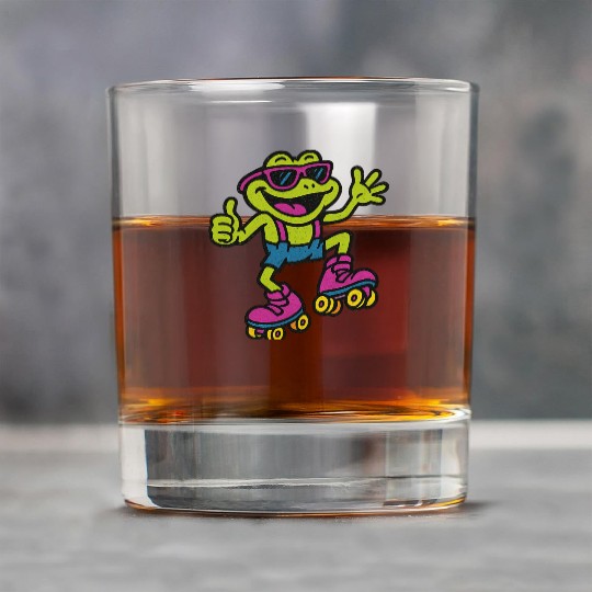 A funny retro 90s-style cartoon frog wearing neon Rock Glasses
