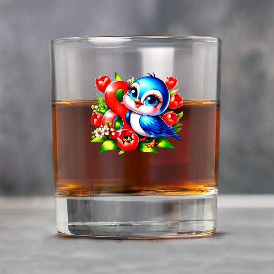 "Cute Blue Bird with Red Number 8 and Vibrant Tuli Rock Glasses
