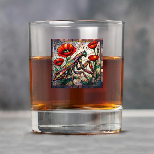 Praying mantis stained glass vibrant poppy flower Rock Glasses