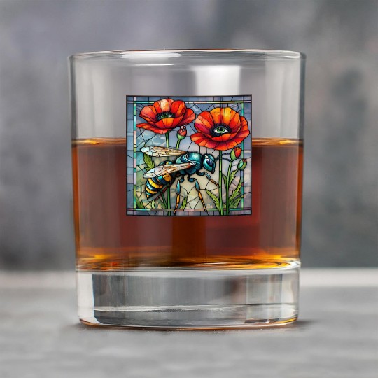 Wasp hornet bee stained glass vibrant poppy flower Rock Glasses