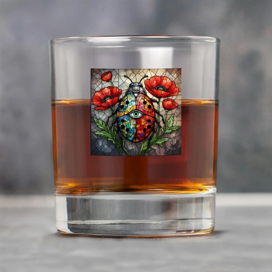 Ladybug stained glass vibrant poppy flower insect Rock Glasses