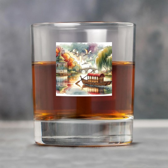 Serene Autumn Lake Scene with Swans and Bridge Rock Glasses