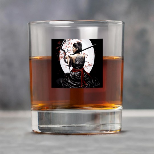 Samurai Serenity: Woman with Sword Under Cherry Rock Glasses