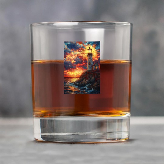 Stained Glass Lighthouse Sunset Rock Glasses