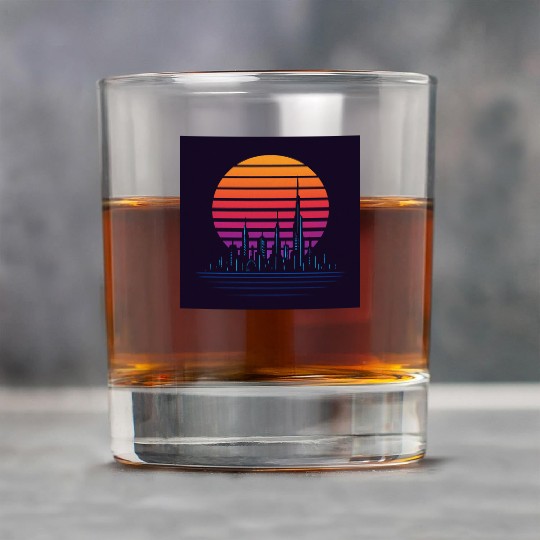 Retro Futuristic Skyline Sunset Design Rock Glasses