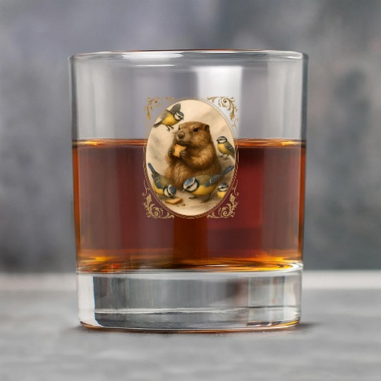 Marmot groundhog cute animal eating with birds Rock Glasses