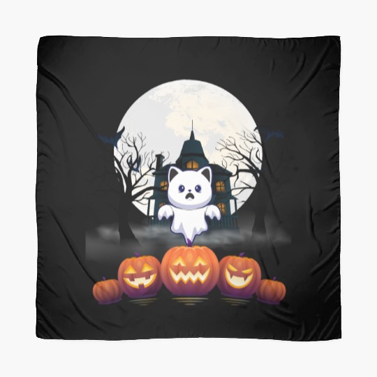 Ghost House & Pumpkin Funny Cats Ghost Halloween Scarves