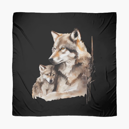 Mother Wolf with Baby Watercolor Scarves