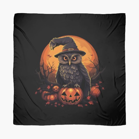 Whimsical Owl in Witch Hat Halloween Scarves
