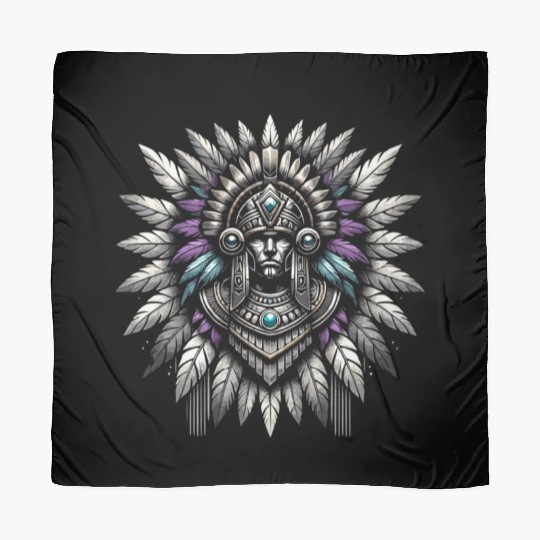 Aztec Warrior Mask with Tribal Art and Ancient Scarves
