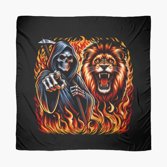 Hooded Skeleton and Roaring Lion in Fiery Flames Scarves