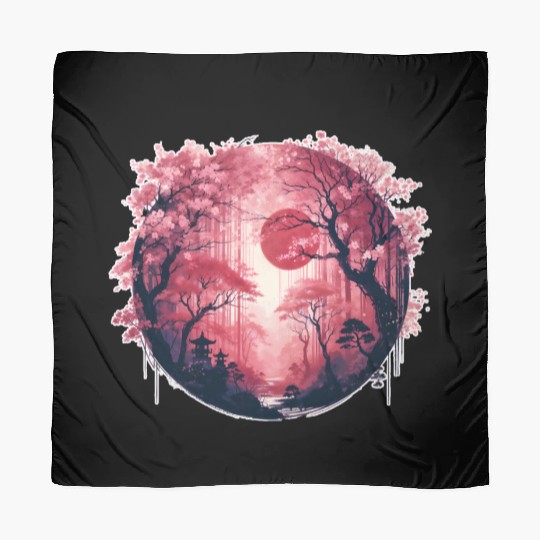 Serene Sakura Under Crimson Sun Scarves