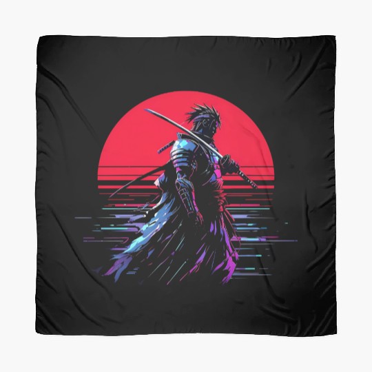 Cyberpunk Samurai Warrior Under Neon Moon Scarves