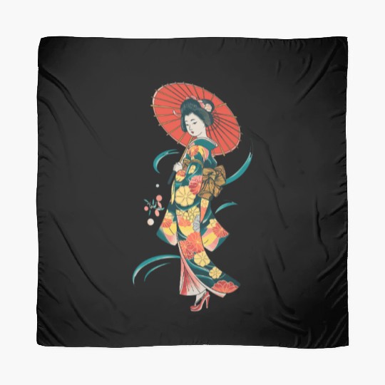 Elegant Geisha with Red Parasol and Floral Kimono Scarves