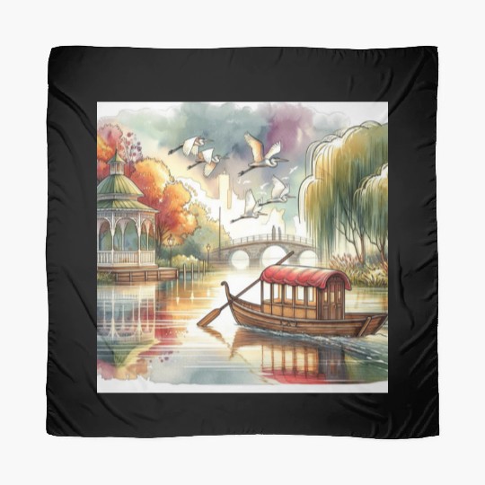 Serene Autumn Lake Scene with Swans and Bridge Scarves