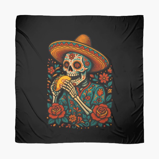 Day of the Dead Skeleton Eating Taco Mexican Folk  Scarves