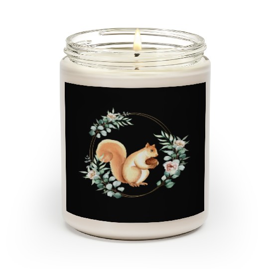 Squirrel Holding An Acorn in a Floral Gold Wreath Scented Candles