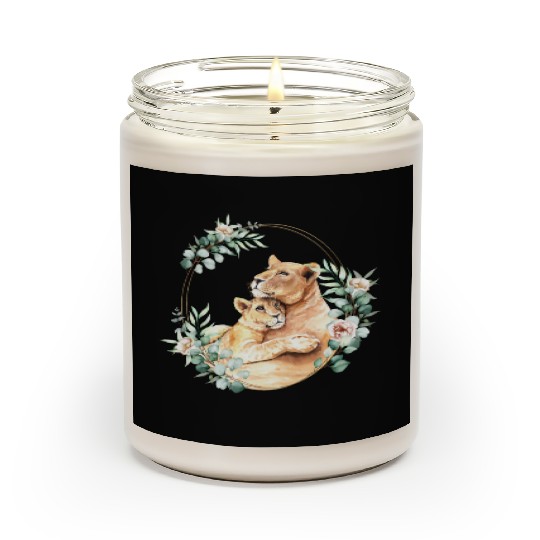 Mommy and Baby Lion in a Floral Gold Wreath Frame Scented Candles