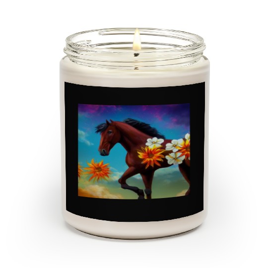 Brown horse with orange white flowers drawing Scented Candles