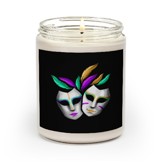 Pair Of White Masks With Feathers For Mardi Gras Scented Candles