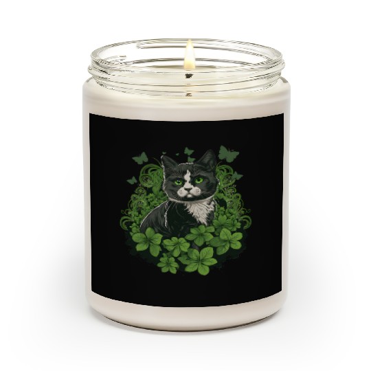 Black and white cat with ivy and butterflies Scented Candles