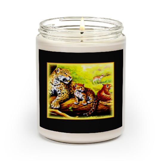 Jaguar Mom and Cubs Relaxing in Jungle. Buy Now Scented Candles