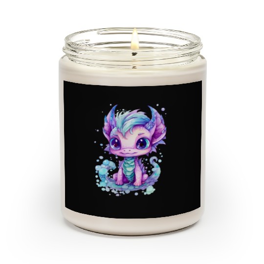 Cute aqua and purple watercolor dragon Scented Candles