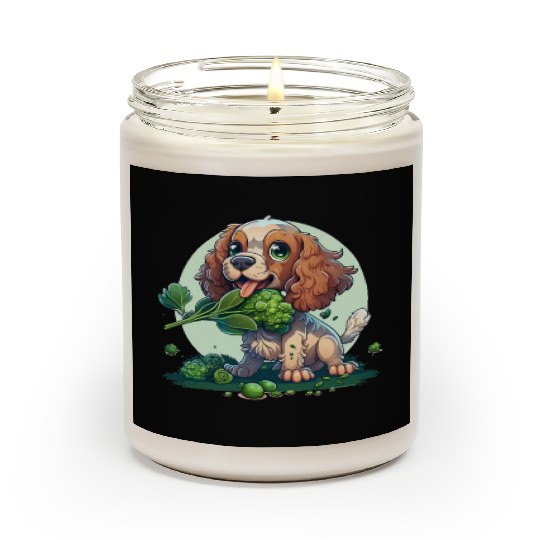 Cute dog eats green broccoli vegetables Scented Candles
