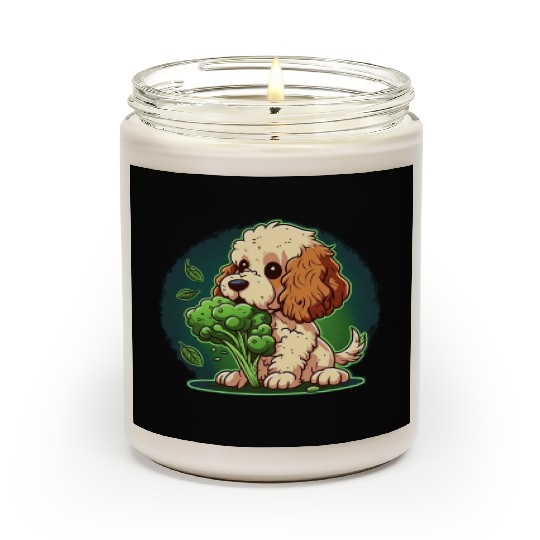 Cute dog eats green broccoli vegetables Scented Candles