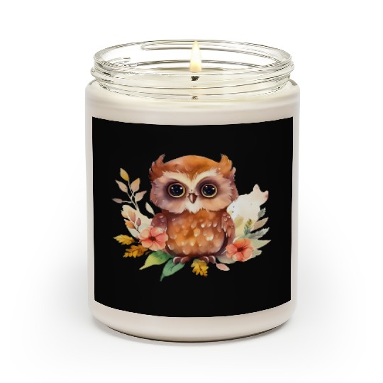 Brown Owl Forest Animal Watercolor Floral Scented Candles