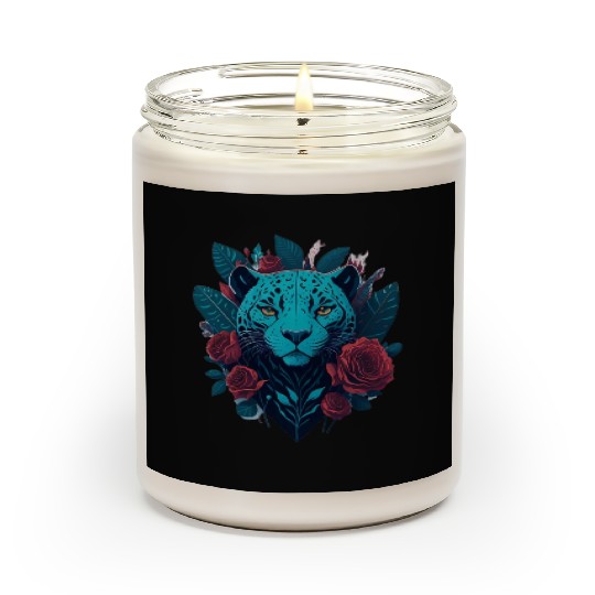 cute jaguar with red flowers Scented Candles