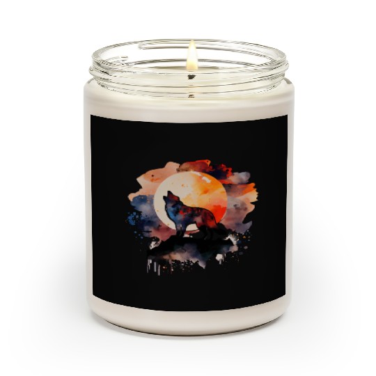 Wolf Howling at Moon Watercolor Scented Candles