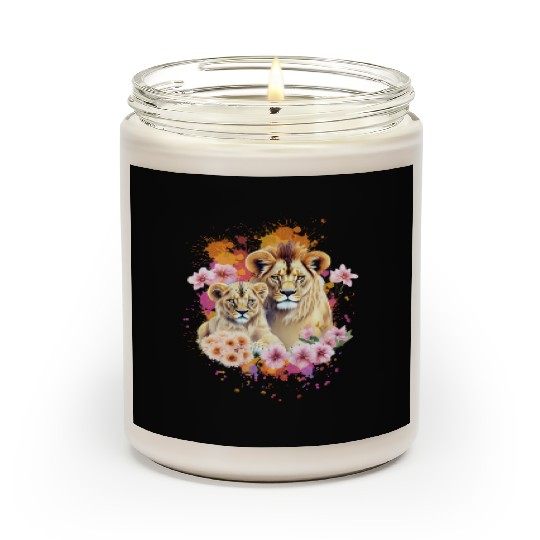 Lion Mom & Son Cubs with Flower Watercolor Scented Candles