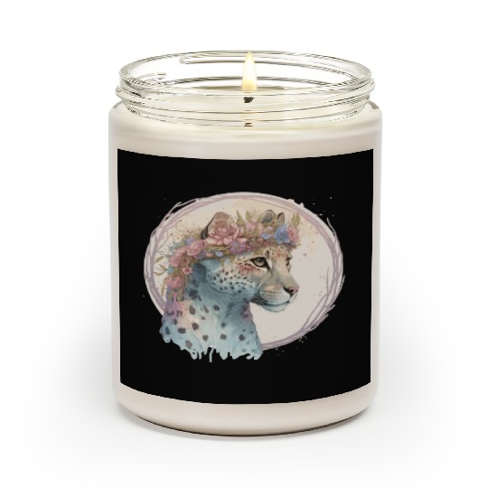 Cute Cheetah Flower Crown Floral Watercolor Animal Scented Candles