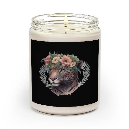 Watercolor Jaguar Flower Crown Wild Cat Lover Scented Candles