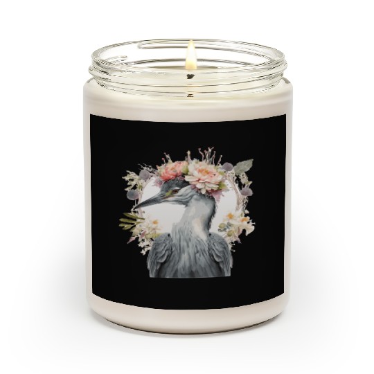 Watercolor Heron Freshwater Bird Flower Crown Flor Scented Candles