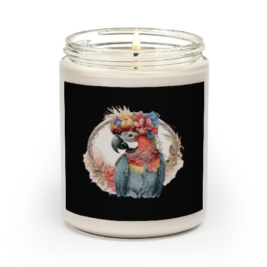 Colorful Parrot Watercolor Macaw Bird Flower Crown Scented Candles