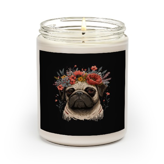 Cute Pug Flower Crown Pet Dog Breed Floral Puppy Scented Candles