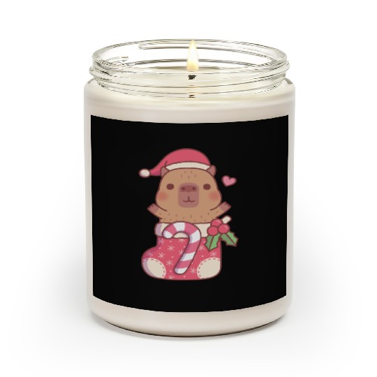 Cute Capybara In Christmas Stocking With Candy Scented Candles