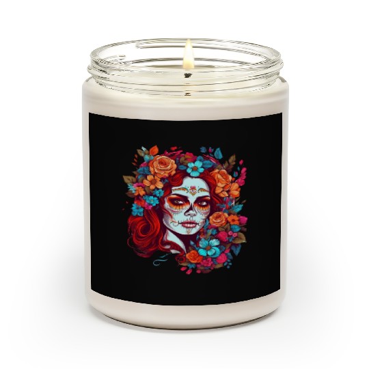 Dia de los muertos woman sugar skull with flowers Scented Candles