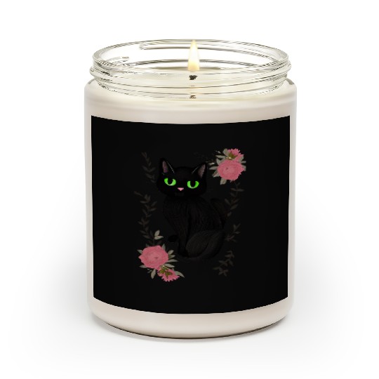 Black Cat With Green Eyes Floral Flowers Scented Candles
