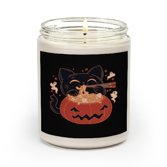 Kawaii Creepy black Cat Eating Ramen Noodles Scented Candles