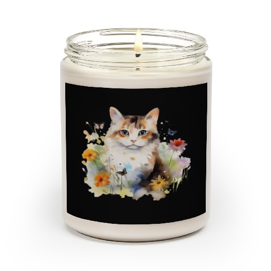 Watercolor Cat Flowers & Butterflies Scented Candles