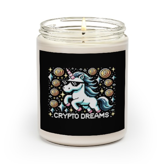 Crypto Dreams - 8-bit Unicorn Amidst Digital Coins Scented Candles