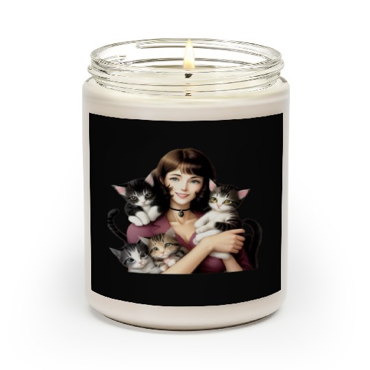 Pretty Cat Lady with Cute Kittens Scented Candles