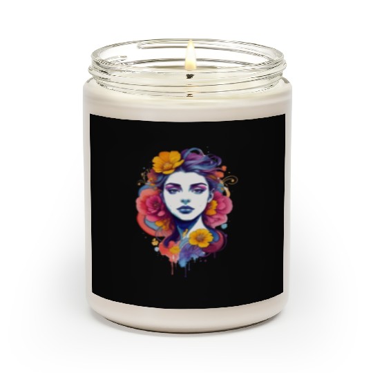 Stylish, bright art. Girl with flowers in her hair Scented Candles