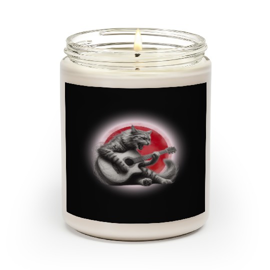 Rock Cat Playing Guitar Scented Candles under the red moon
