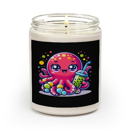 Kawaii Octopus With Bubble Tea Sea Ocean Boba Tea Scented Candles